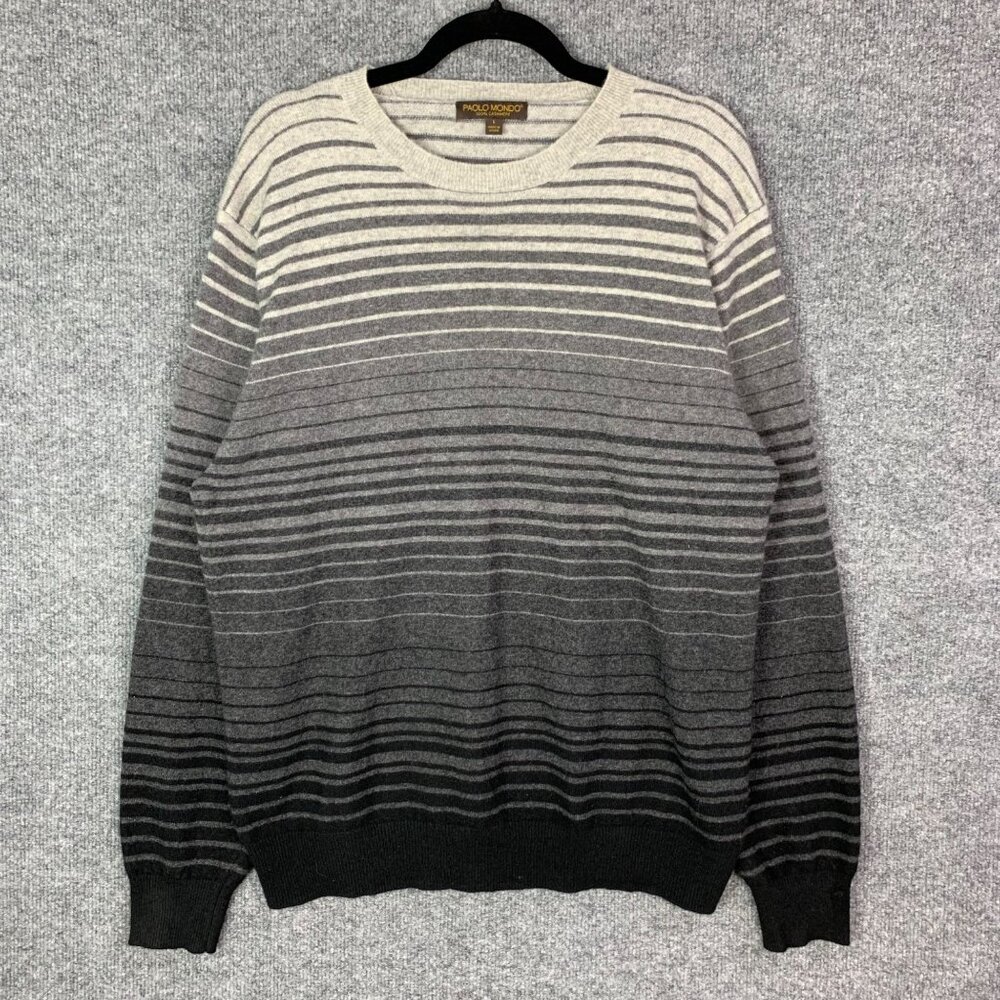 Paolo Mondo Sweater Mens Sz L Gray‎ Striped 100% Cashmere Long Sleeve Pullover